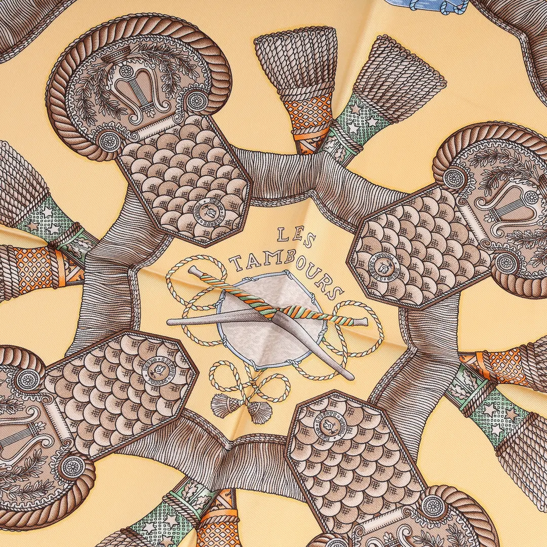 Hermes Les Tambours Yellow Silk Scarf