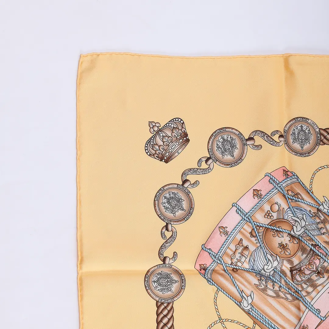 Hermes Les Tambours Yellow Silk Scarf