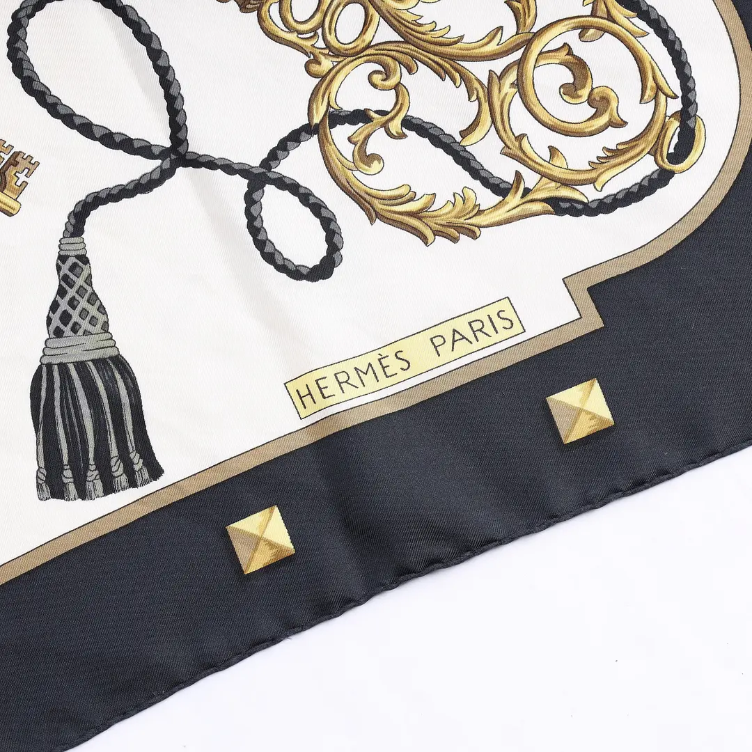Hermes Les Cles Black Gold Silk Scarf