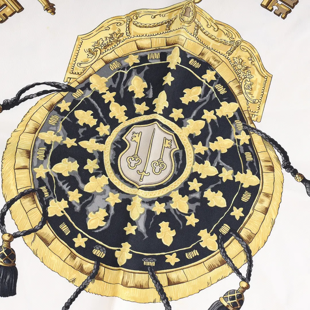 Hermes Les Cles Black Gold Silk Scarf