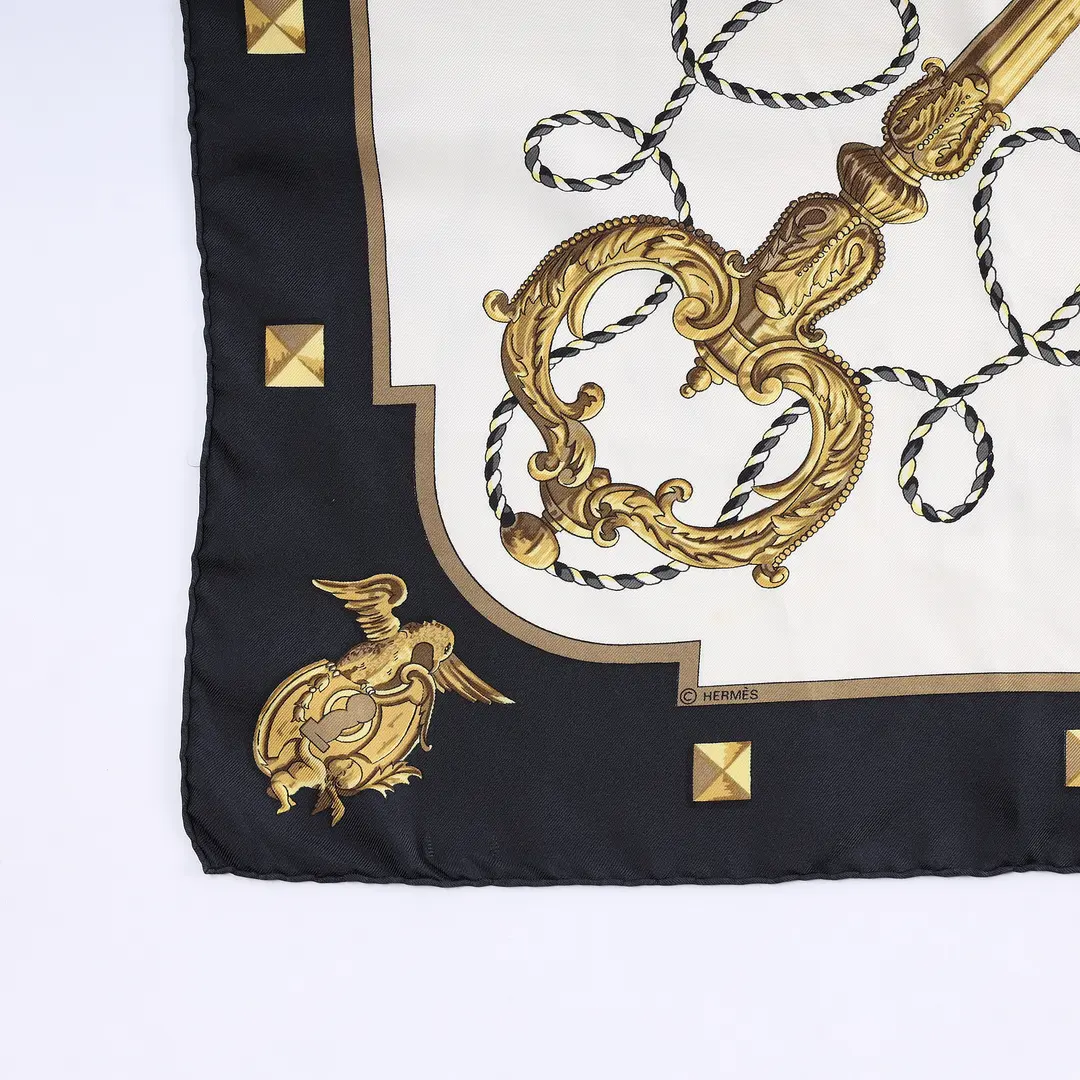 Hermes Les Cles Black Gold Silk Scarf