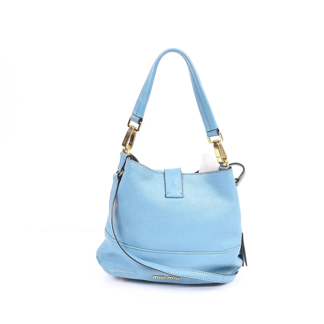 Miu Miu Vitello Daino Blue Leather Bucket Bag