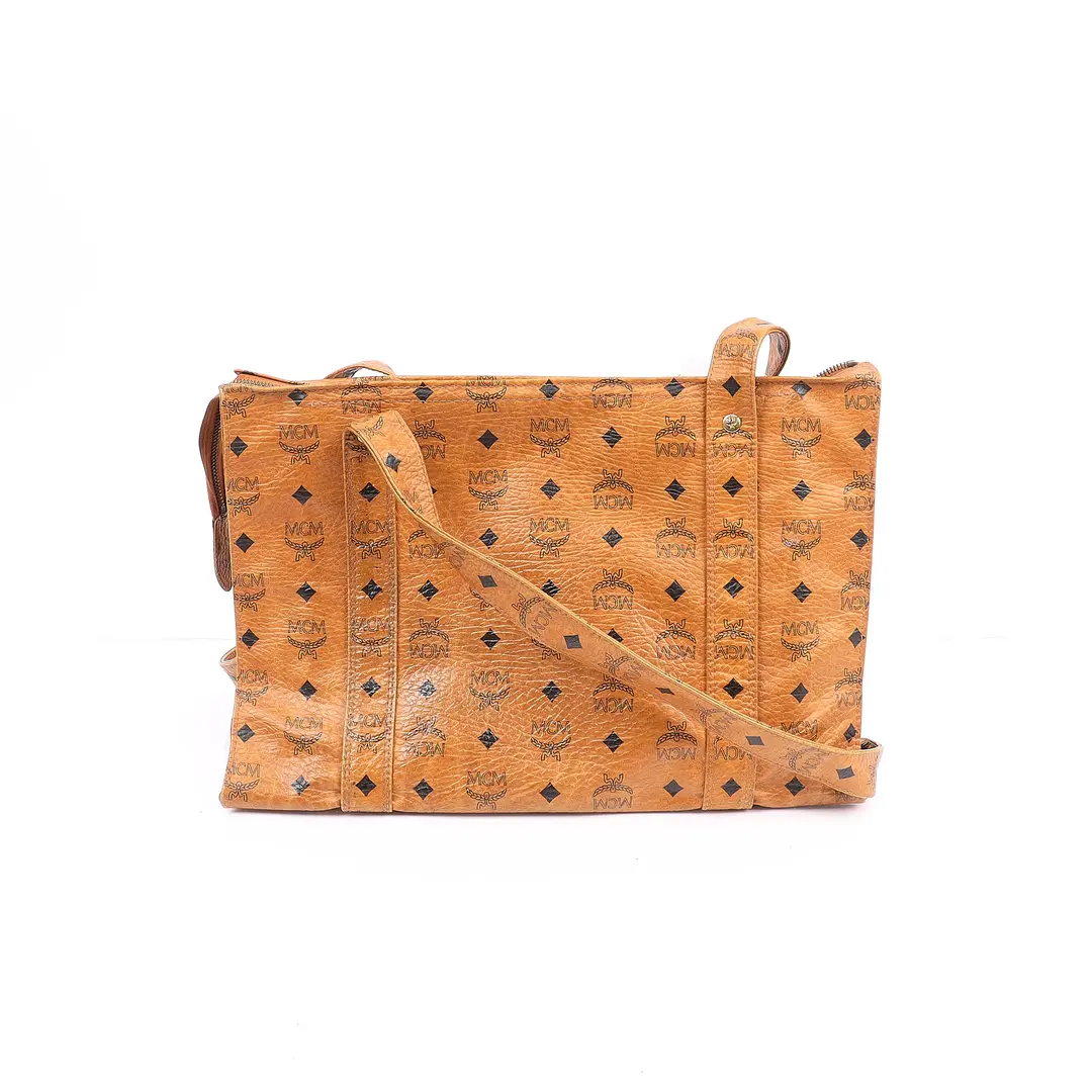MCM Visetos Brown Coated Canvas Tote Bag
