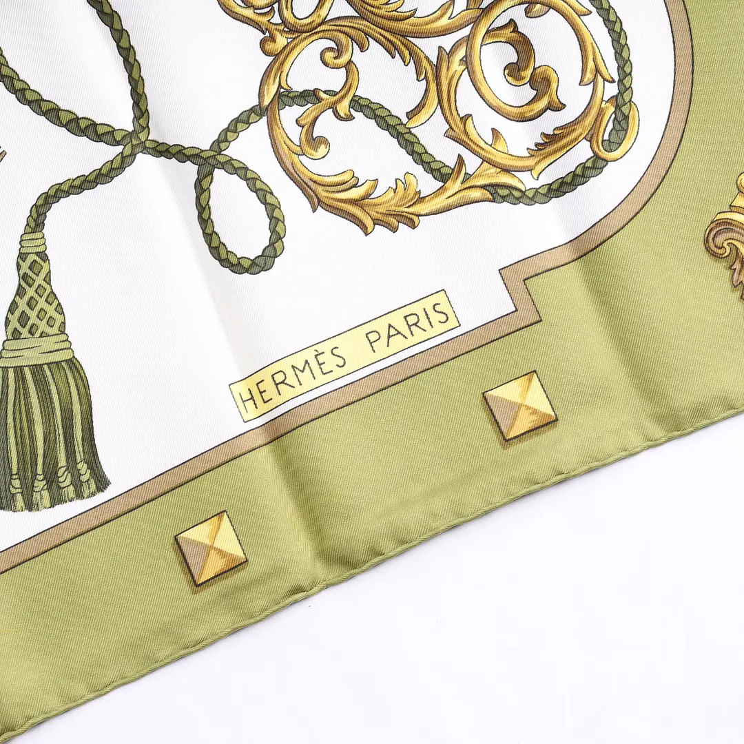 Hermes Les Cles Green White Silk Scarf