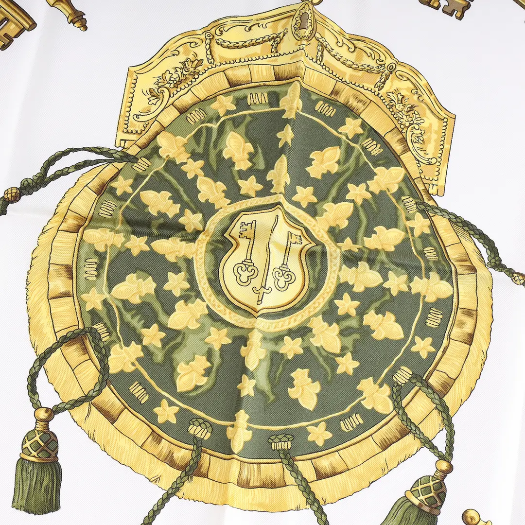 Hermes Les Cles Green White Silk Scarf