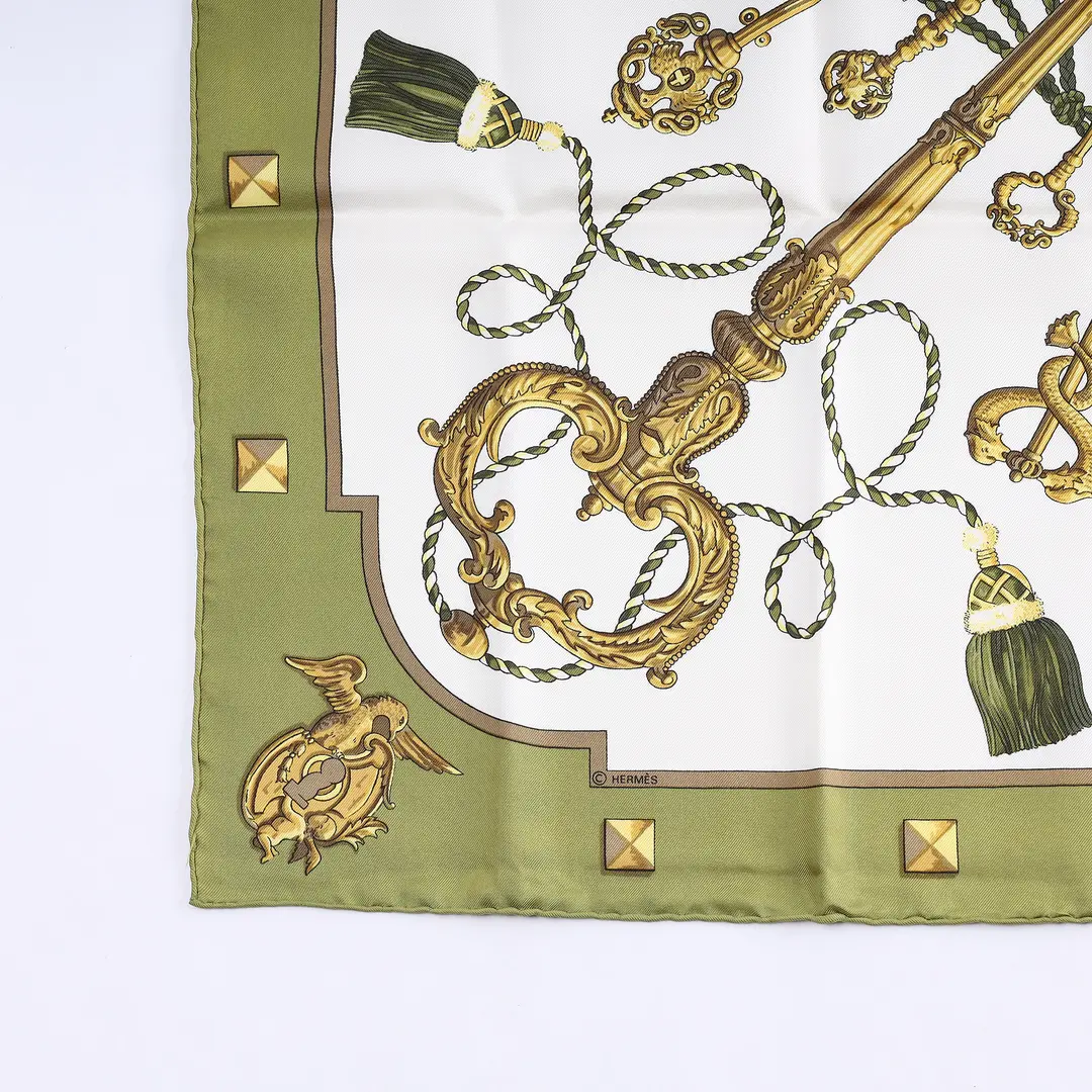 Hermes Les Cles Green White Silk Scarf