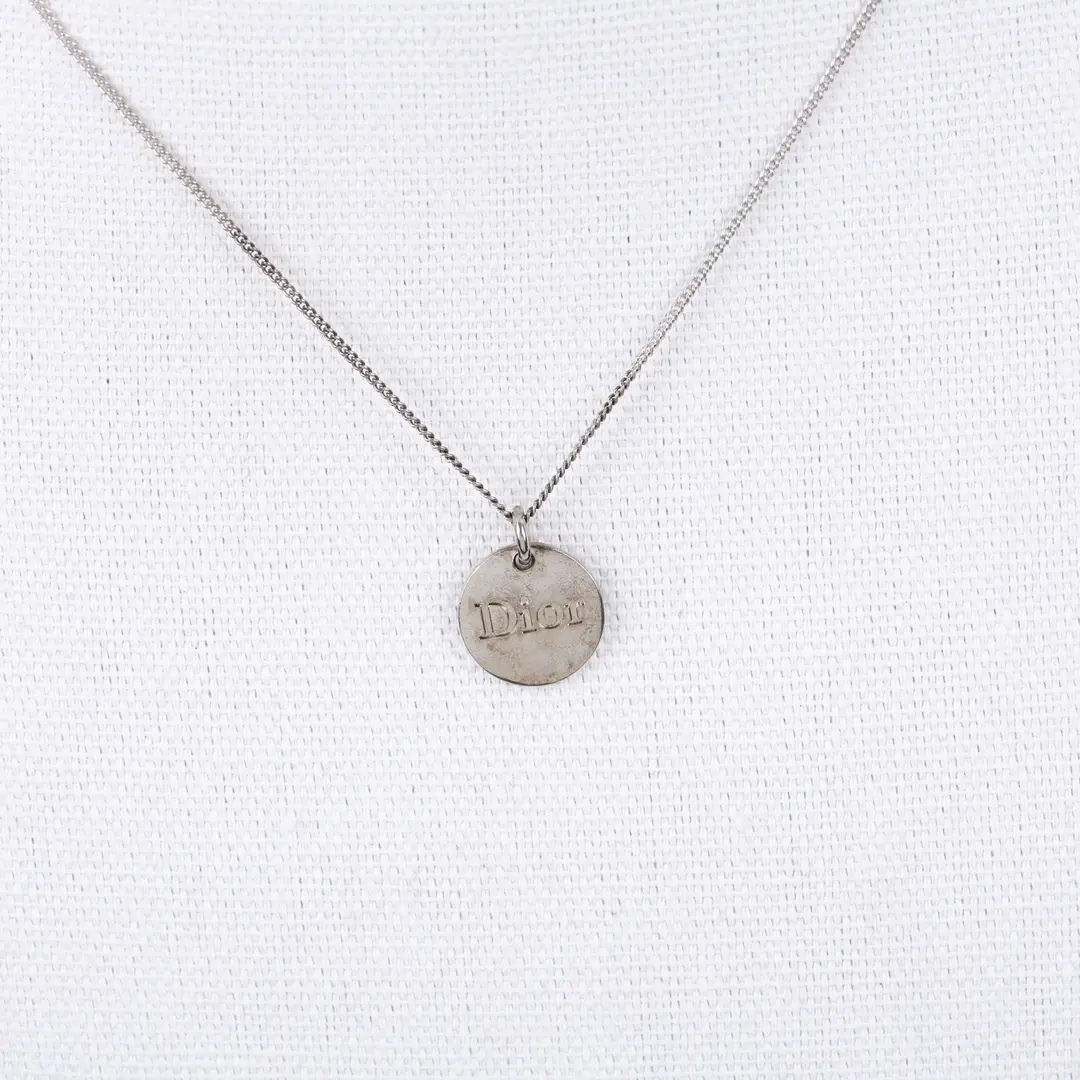 Dior Logo Plate Silver Metal Necklace