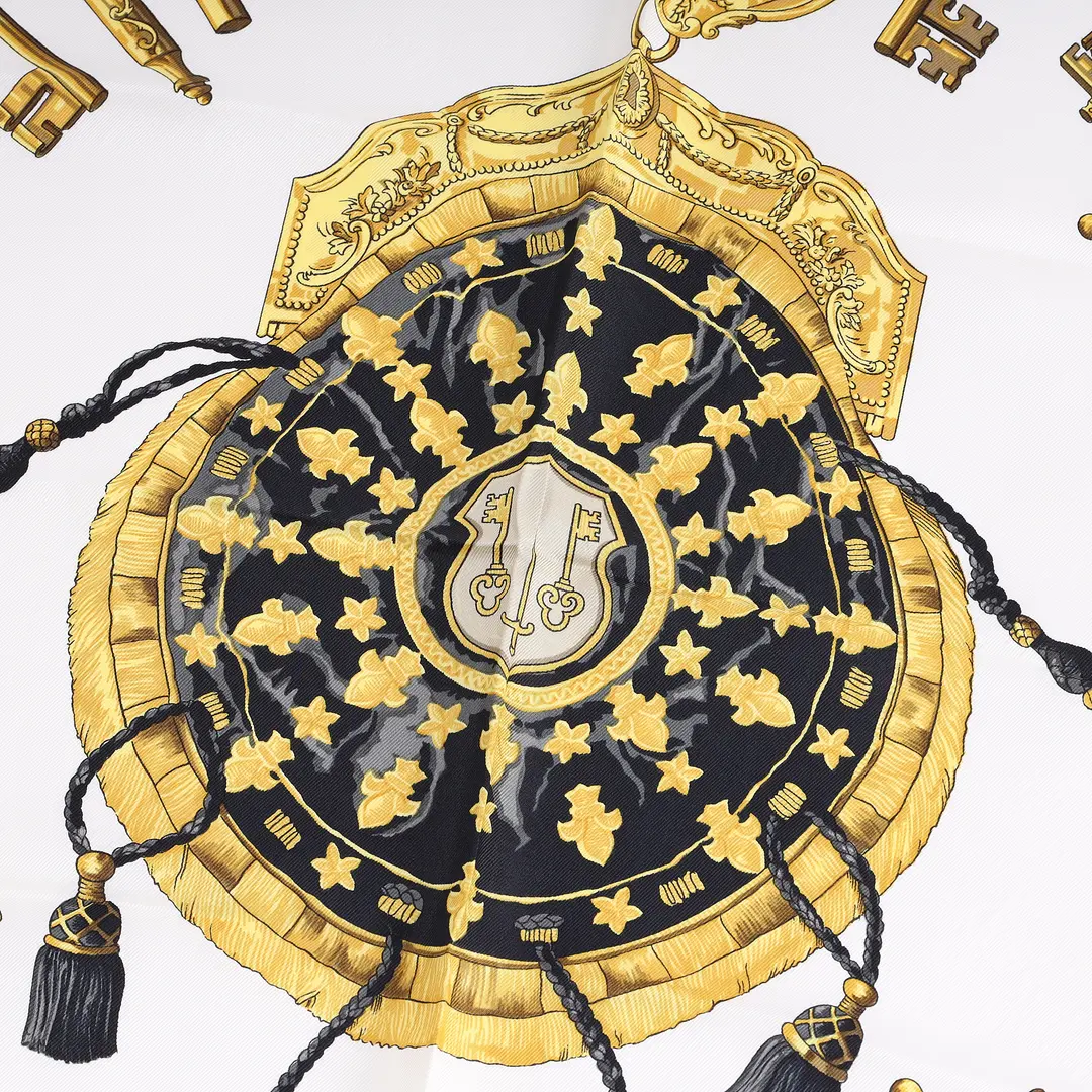 Hermes Les Cles Black White Silk Scarf