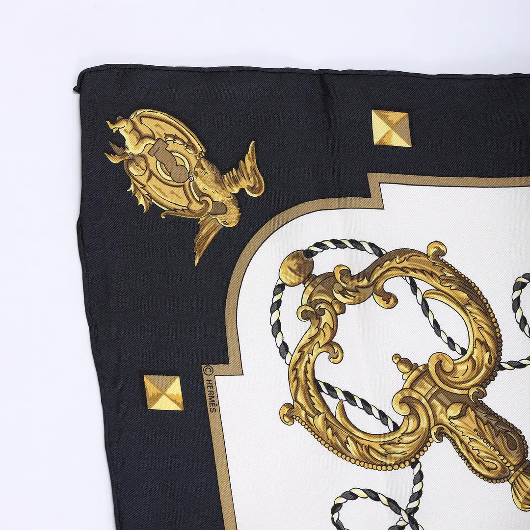 Hermes Les Cles Black White Silk Scarf