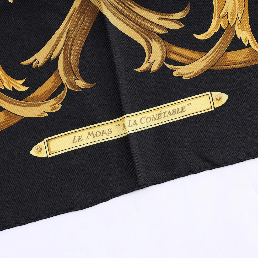 Hermes Le Mors a la Conetable Black Silk Scarf