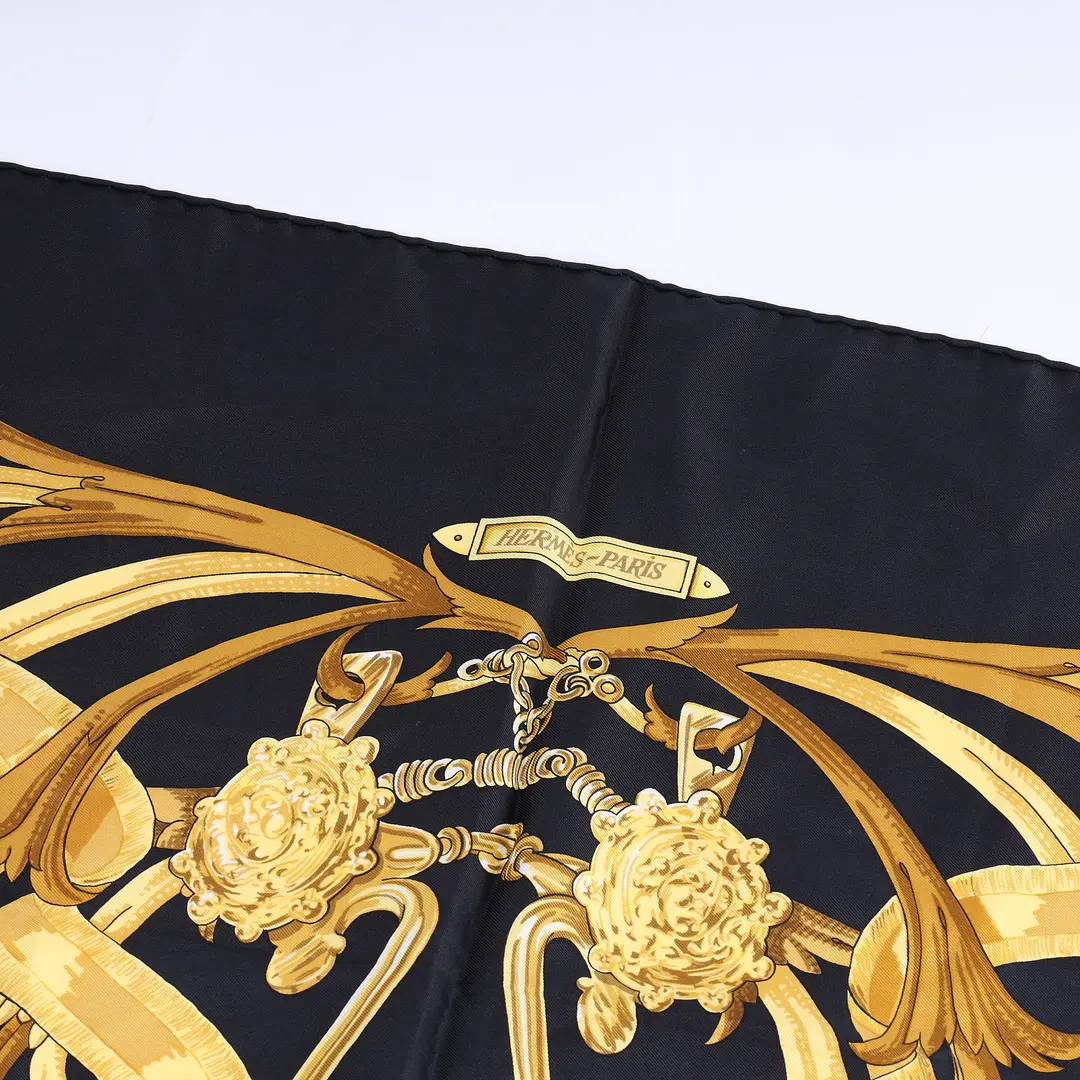 Hermes Le Mors a la Conetable Black Silk Scarf