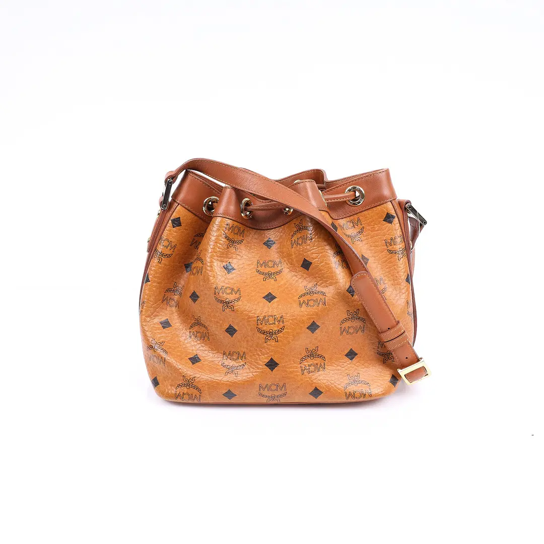 MCM Visetos Brown Coated Canvas Bucket Bag