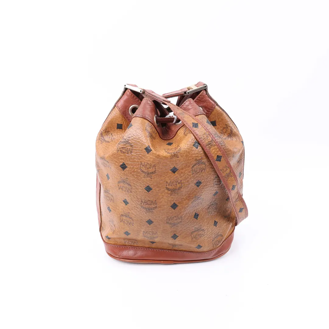 MCM Visetos Drawstring Brown Canvas Bucket Bag