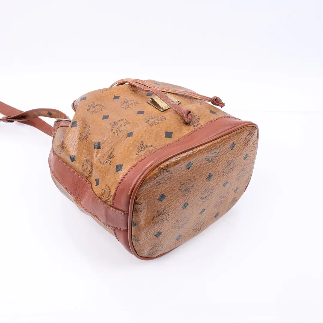 MCM Visetos Drawstring Brown Canvas Bucket Bag