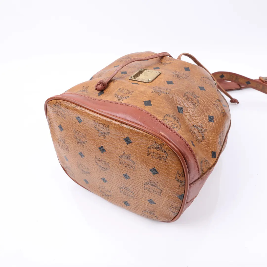 MCM Visetos Drawstring Brown Canvas Bucket Bag
