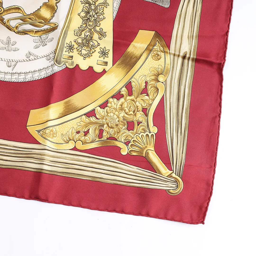 Hermes Etriers Red Gold Silk Scarf