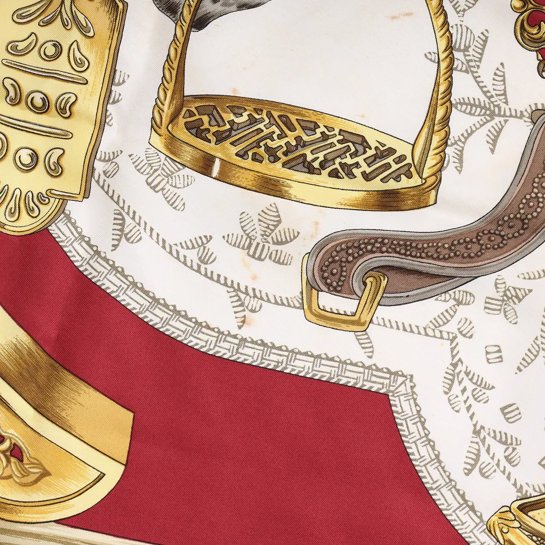 Hermes Etriers Red Gold Silk Scarf