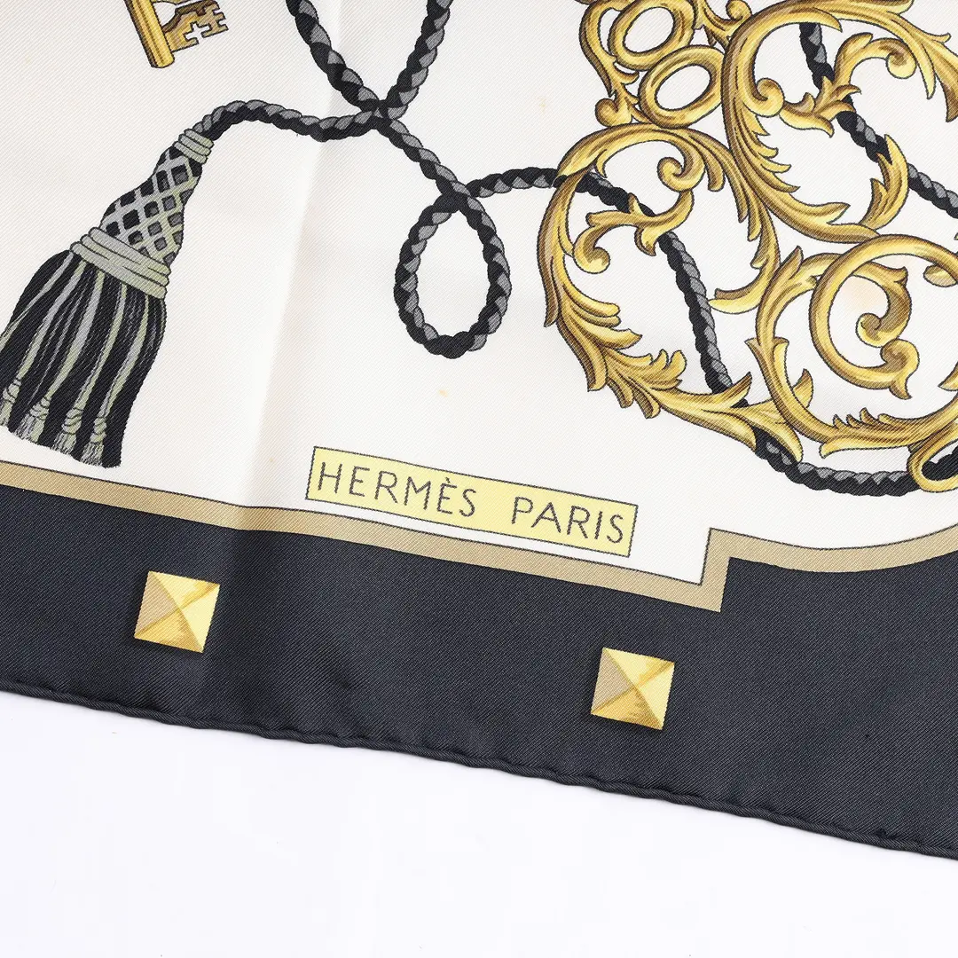 Hermes Les Cles Black Gold Silk Scarf