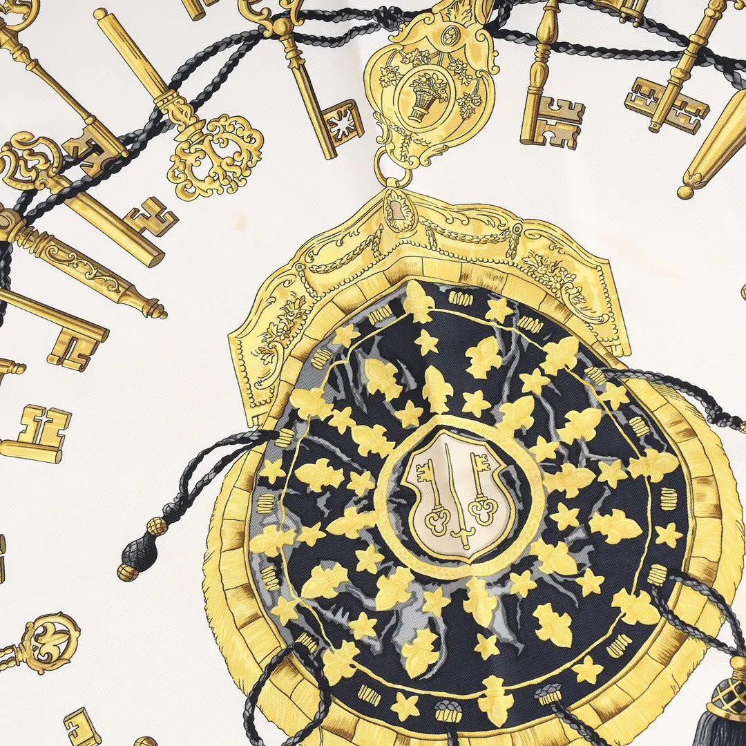 Hermes Les Cles Black Gold Silk Scarf