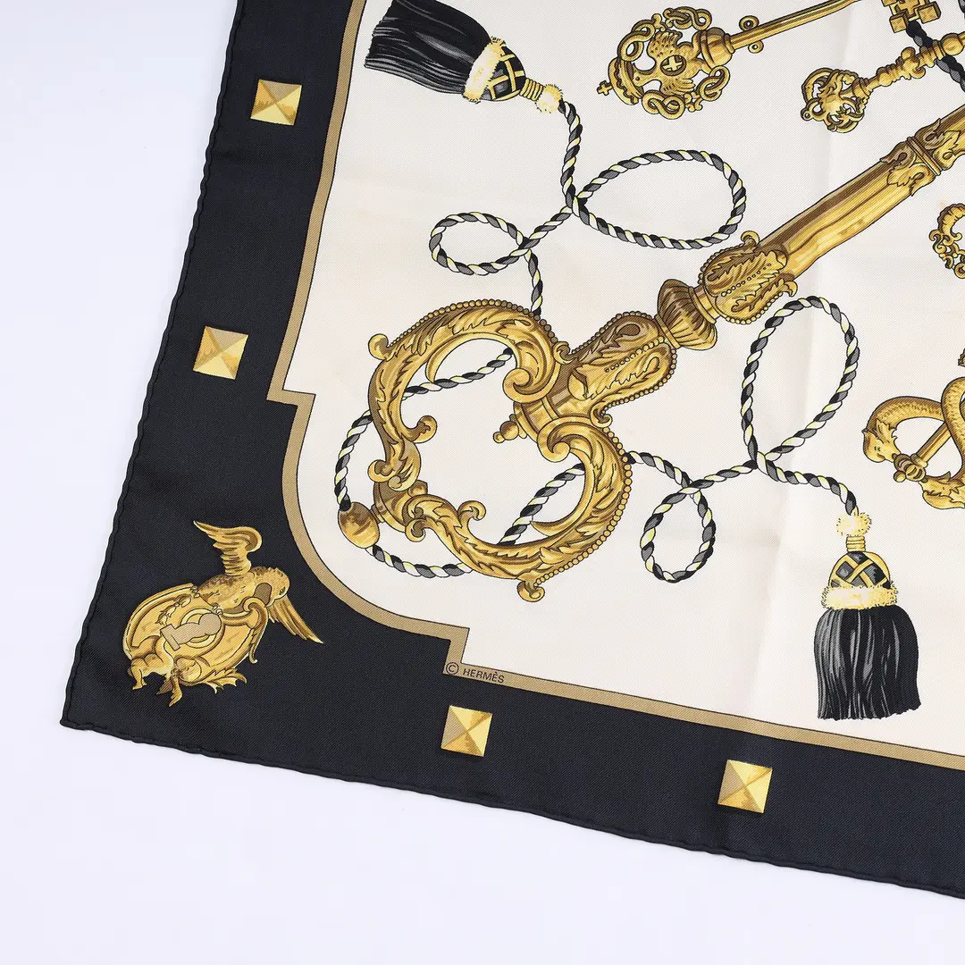 Hermes Les Cles Black Gold Silk Scarf