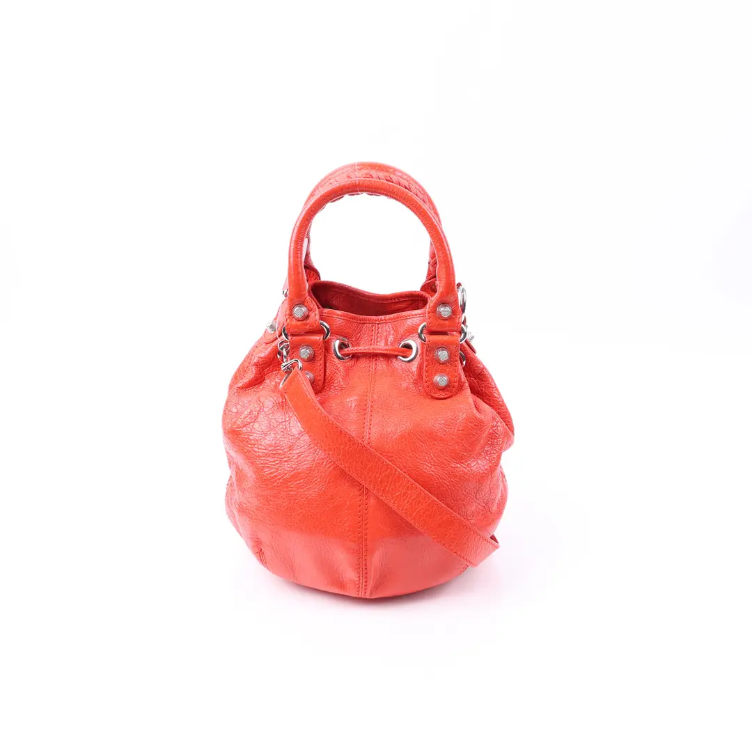 Balenciaga Classic Pompon Red Arena Leather Mini Bucket Bag
