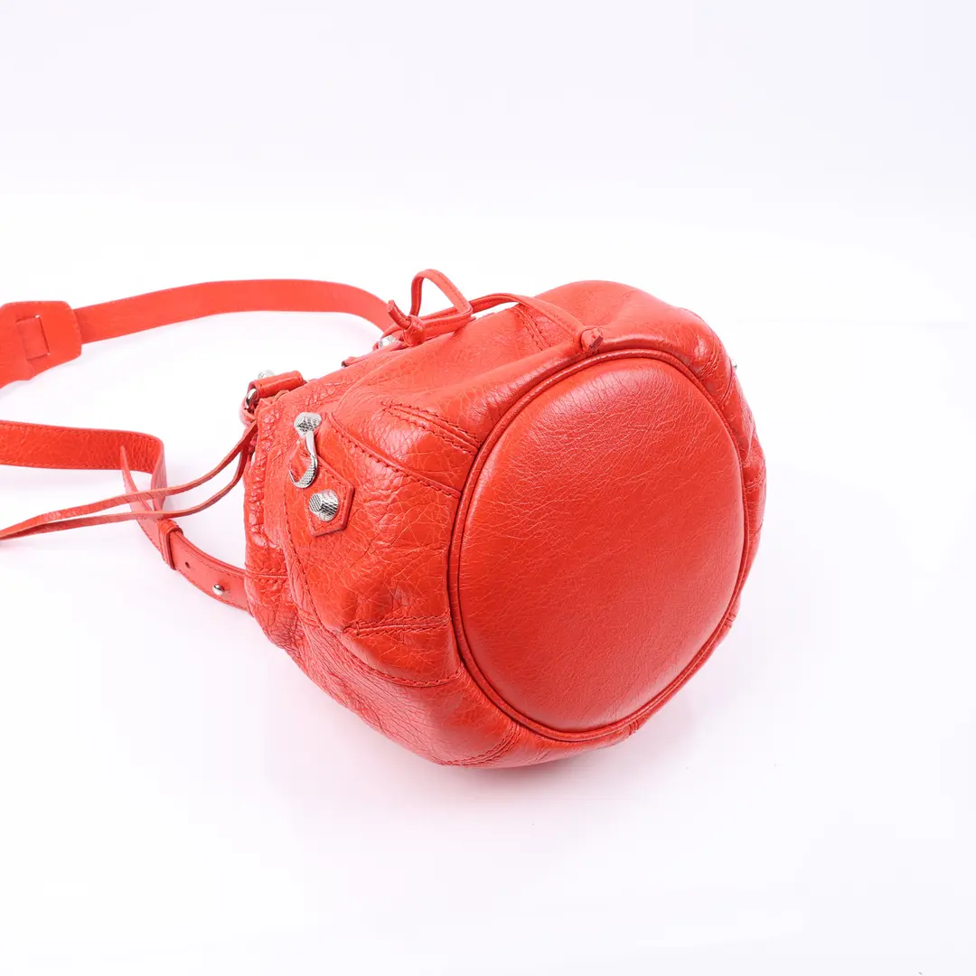 Balenciaga Classic Pompon Red Arena Leather Mini Bucket Bag