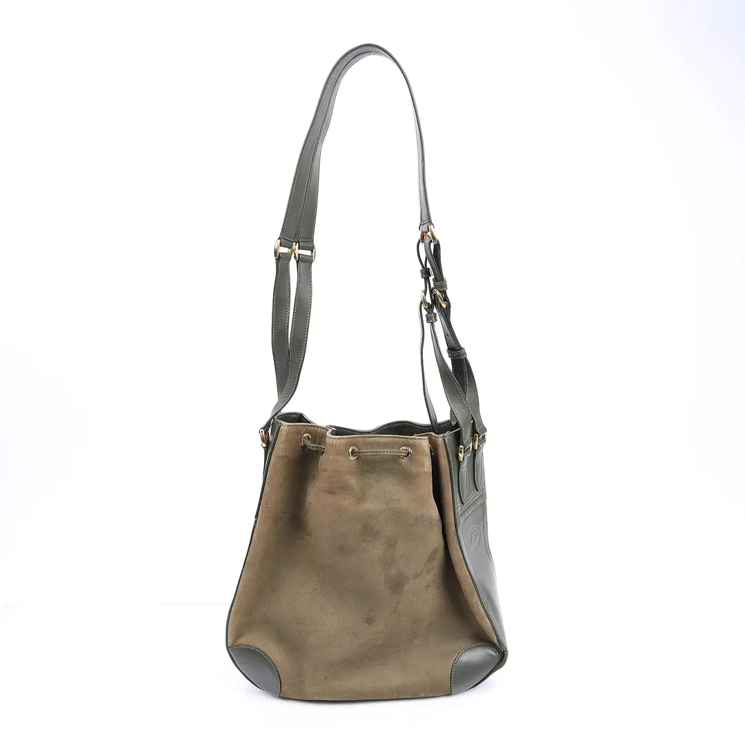 Celine Vintage Drawstring Green Suede Leather Bucket Bag