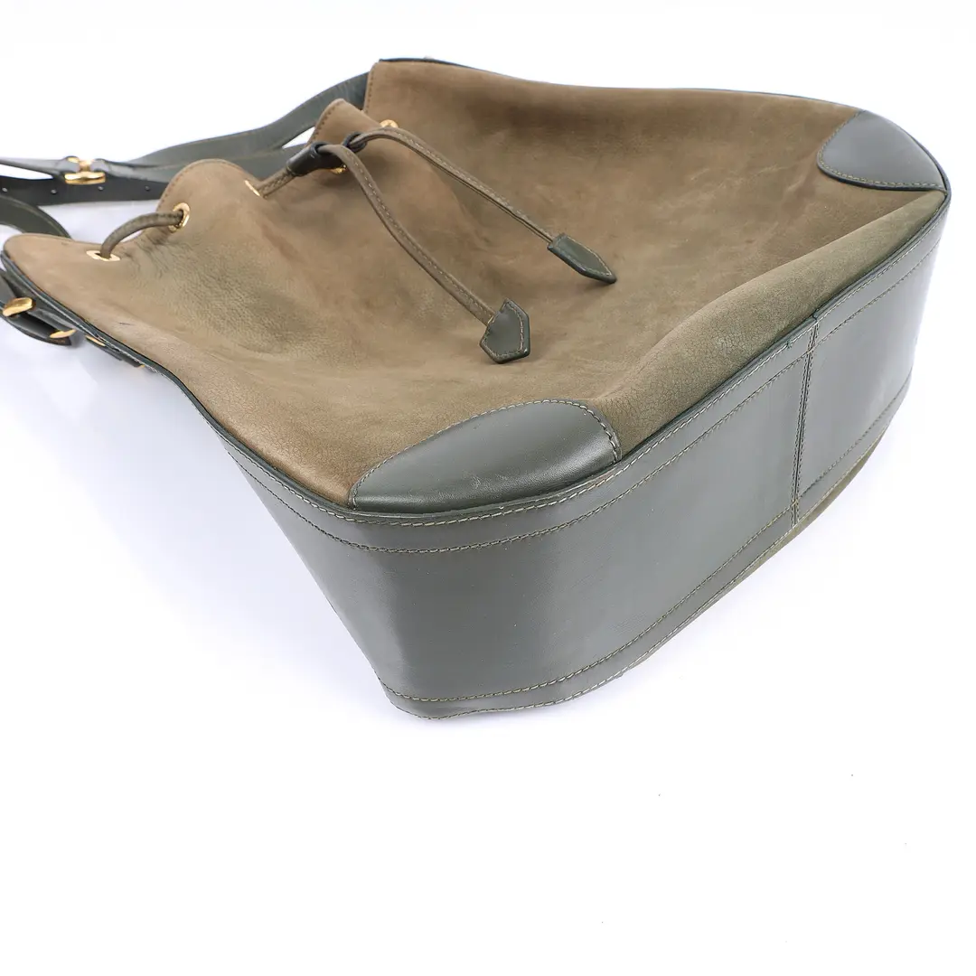 Celine Vintage Drawstring Green Suede Leather Bucket Bag
