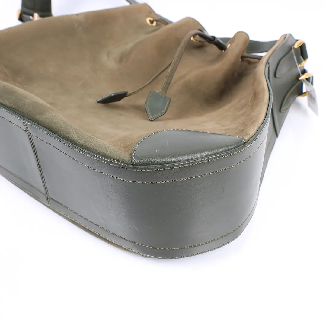 Celine Vintage Drawstring Green Suede Leather Bucket Bag