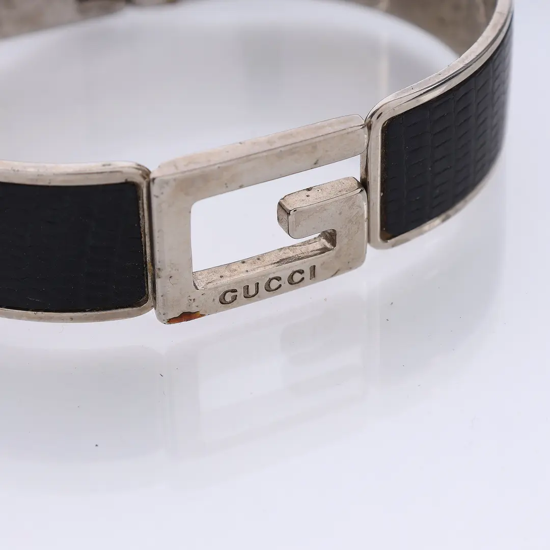 Gucci Vintage G Logo Black Leather Silver Bangle Bracelet