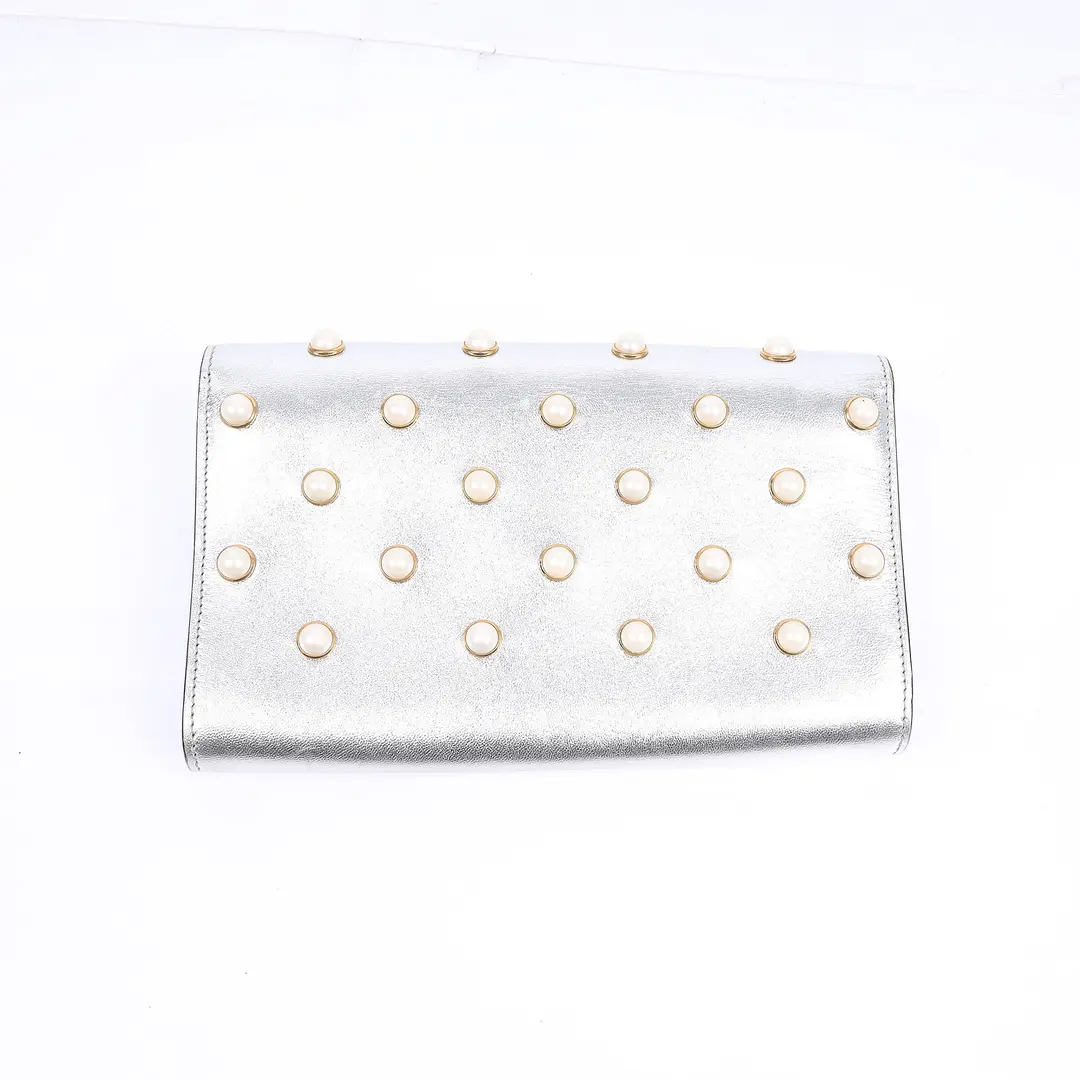 Gucci Broadway Silver Metallic Leather Clutch