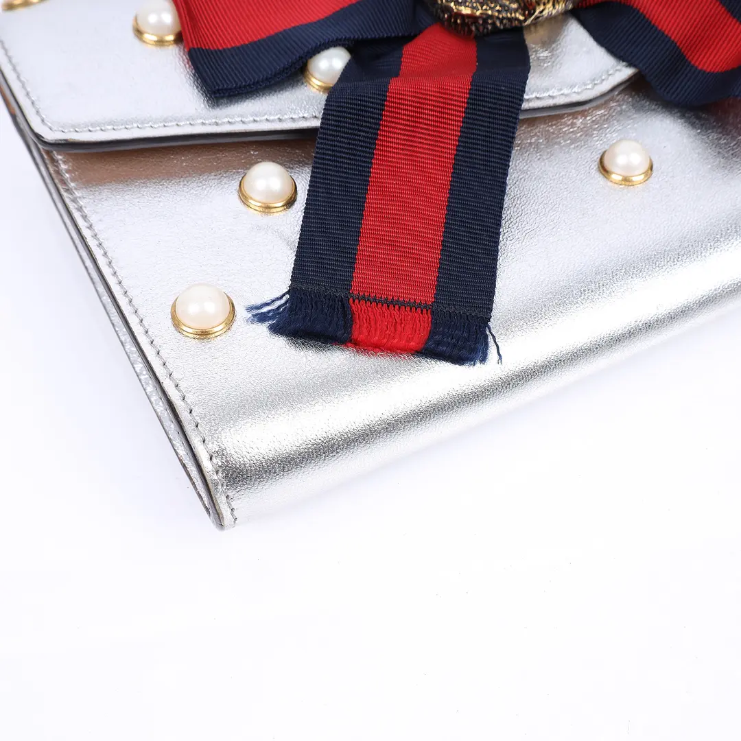 Gucci Broadway Silver Metallic Leather Clutch