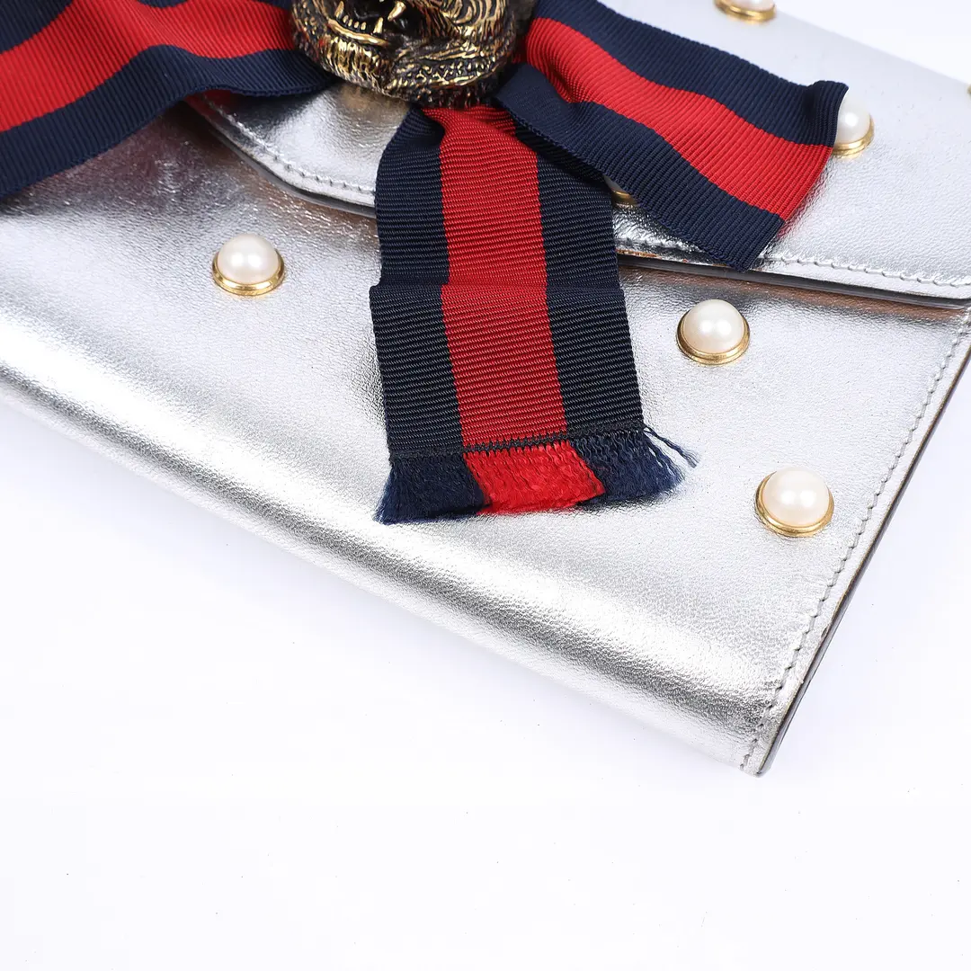 Gucci Broadway Silver Metallic Leather Clutch