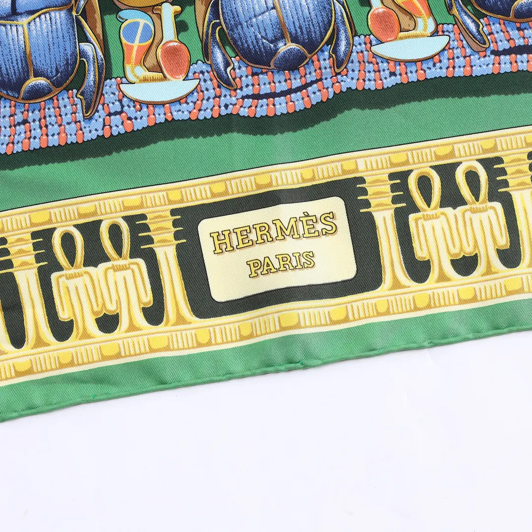 Hermes Tutankhamun Green Silk Carre 90 Scarf