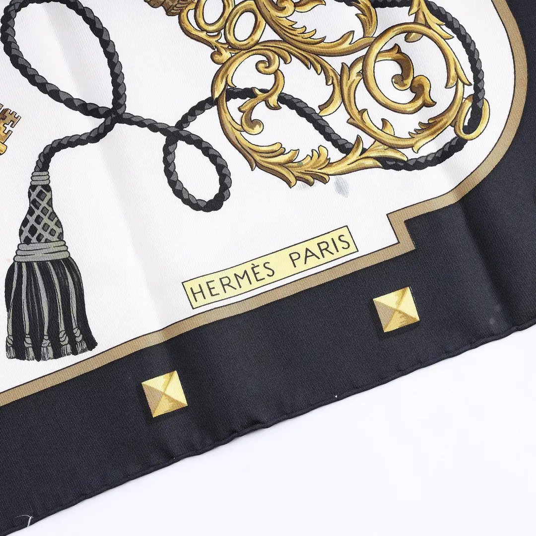 Hermes Les Cles White Black Gold Silk Scarf