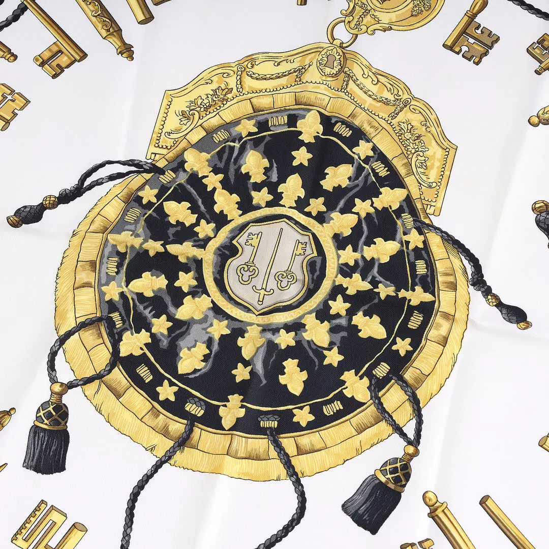 Hermes Les Cles White Black Gold Silk Scarf