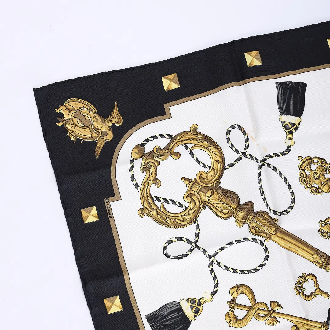 Hermes Les Cles White Black Gold Silk Scarf
