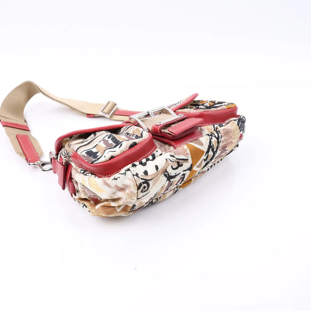 Prada Abstract Print Pocket Beige Canvas Shoulder Bag