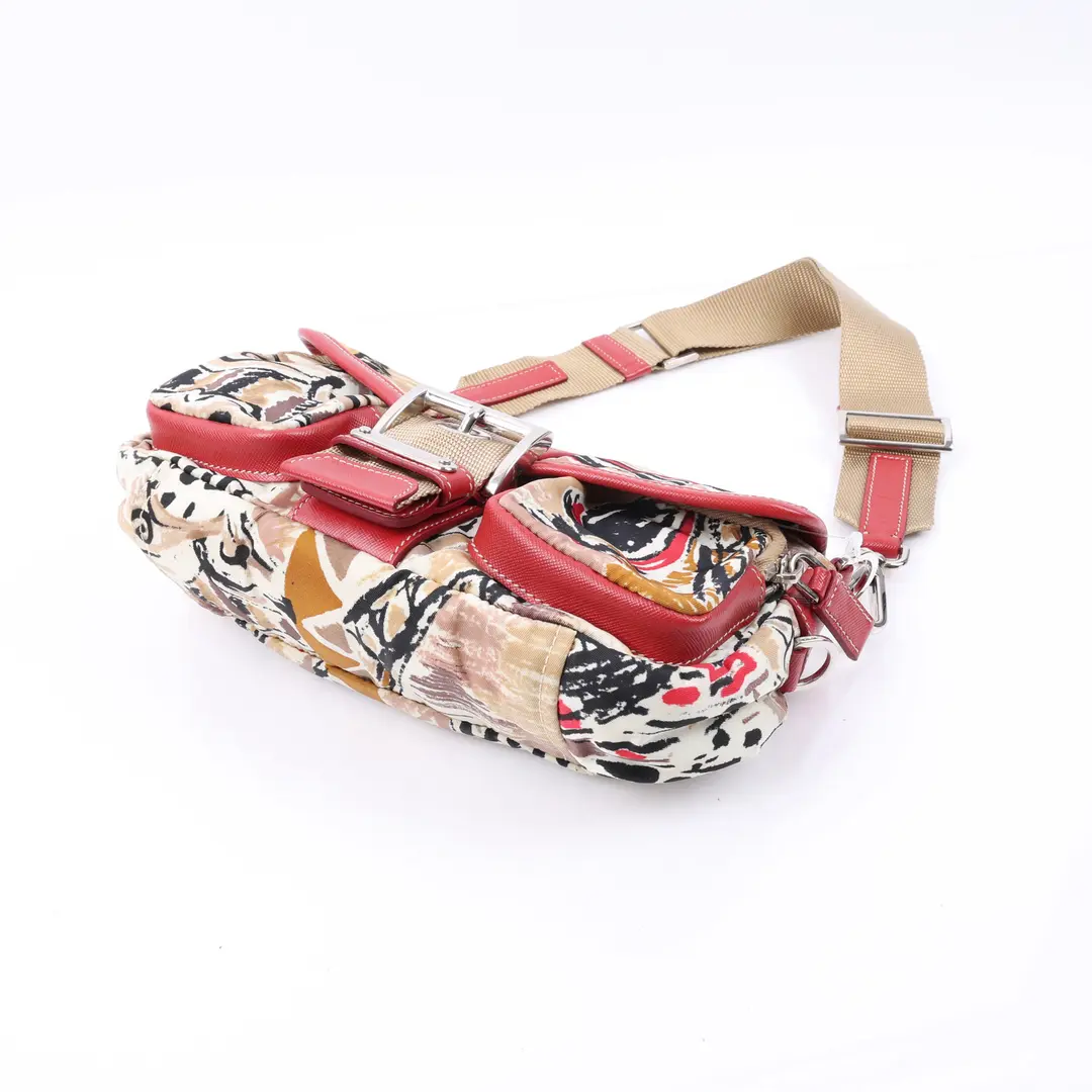 Prada Abstract Print Pocket Beige Canvas Shoulder Bag