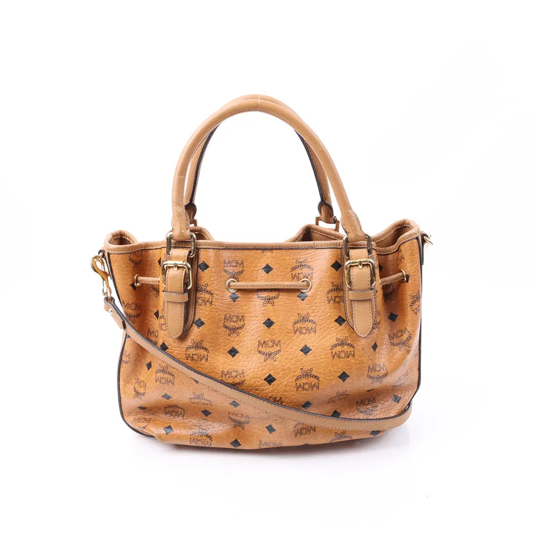 MCM Visetos Drawstring Brown Canvas Tote Bag