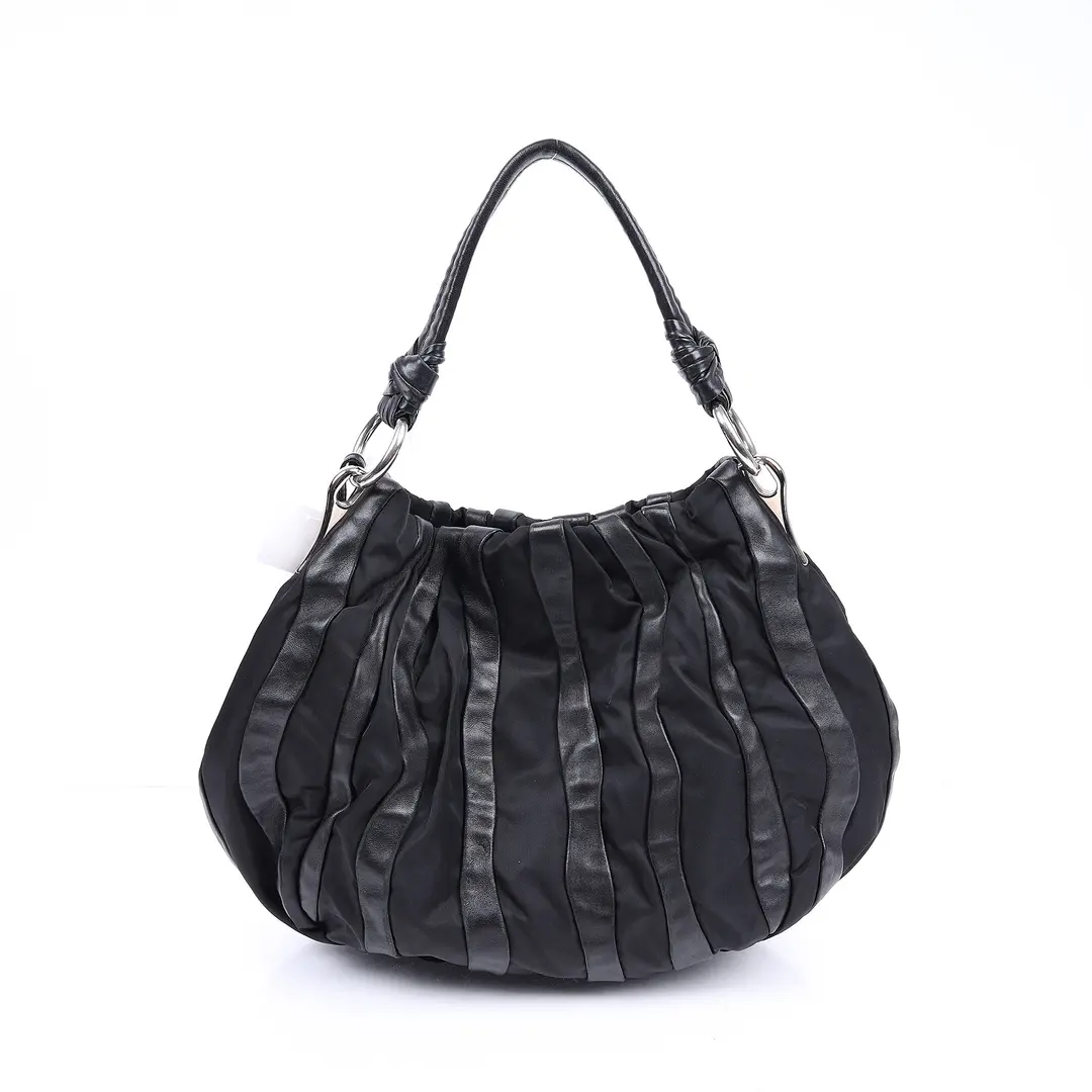 Prada Tessuto Wave Black Nylon Leather Hobo Bag