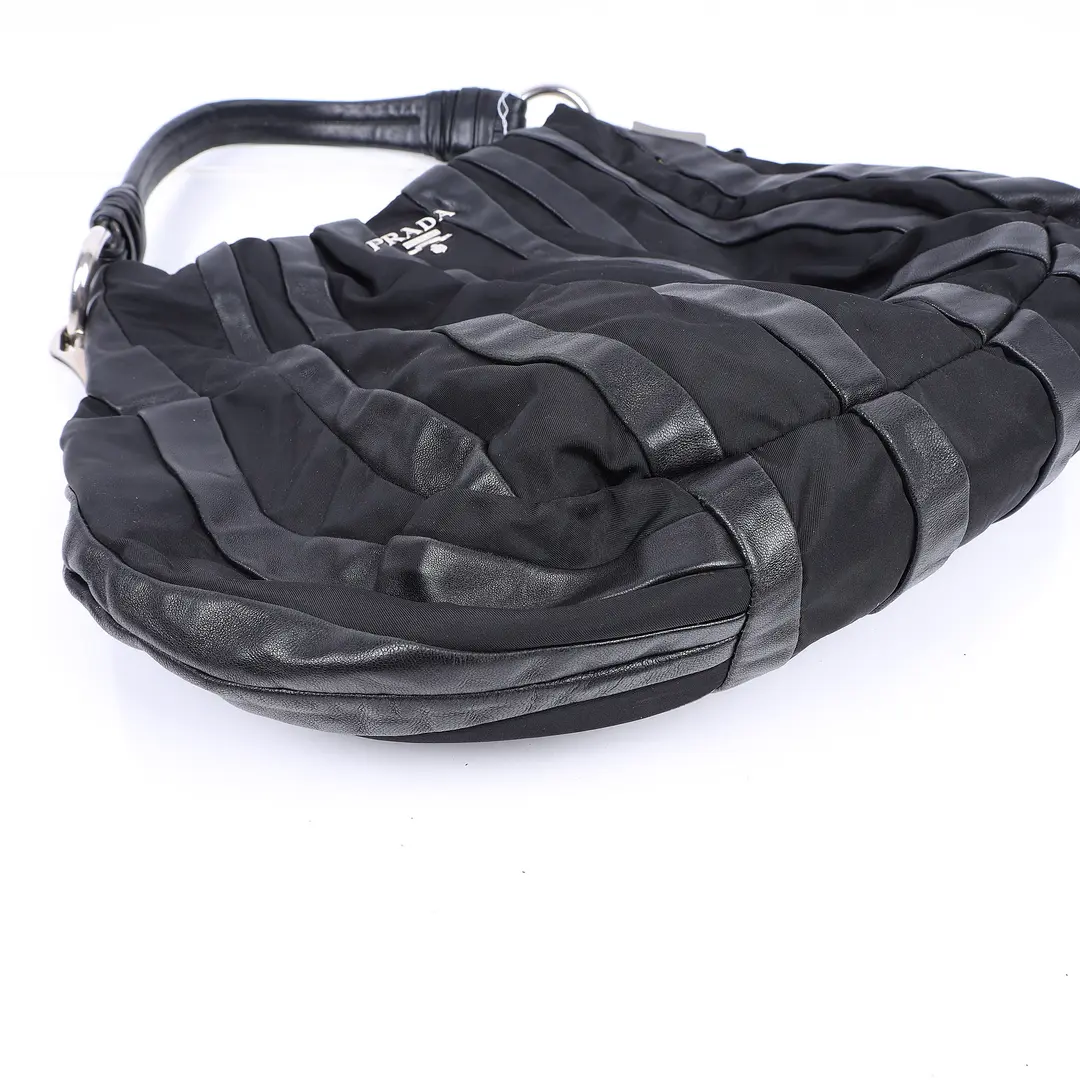 Prada Tessuto Wave Black Nylon Leather Hobo Bag