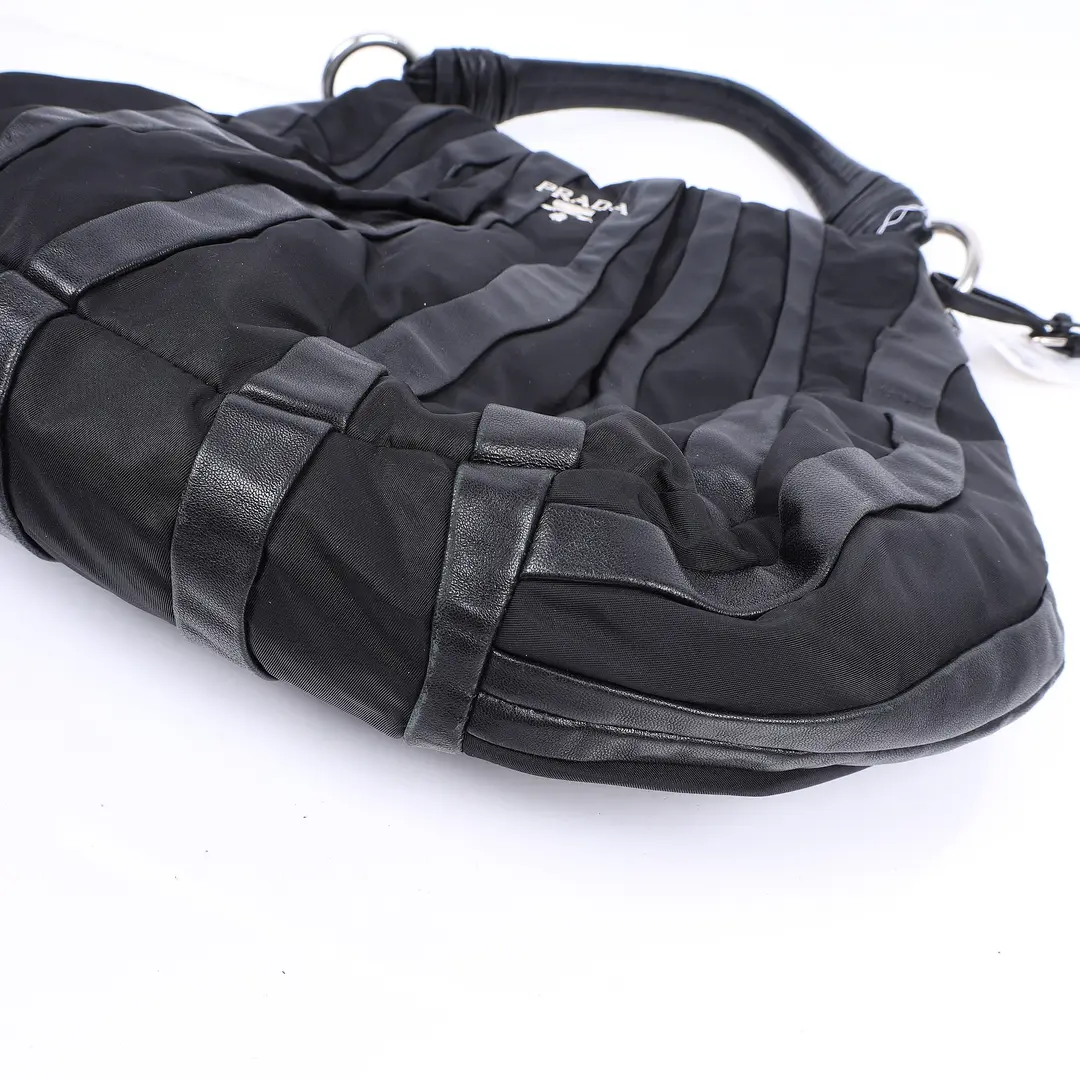 Prada Tessuto Wave Black Nylon Leather Hobo Bag