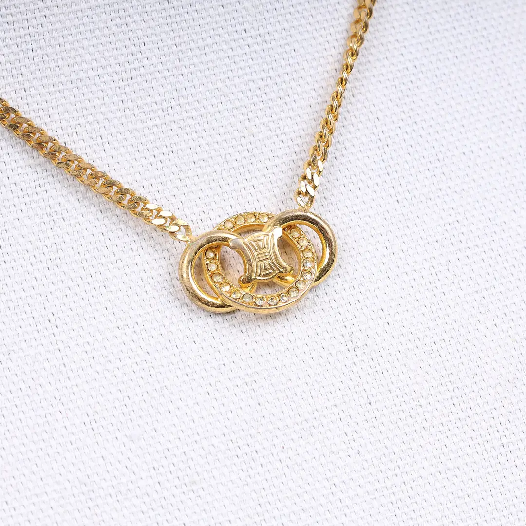 Celine Vintage Triomphe Gold Rhinestone Necklace