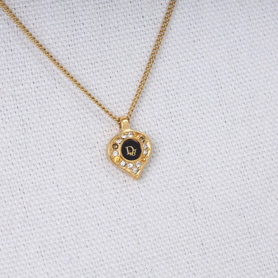 Dior Vintage Gold Black Enamel Rhinestone Necklace