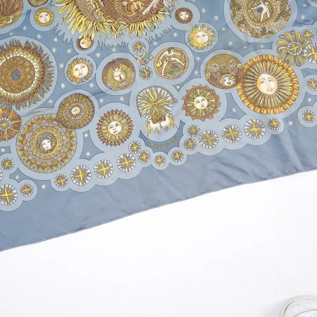 Hermes Le Roy Soleil Blue Silk Scarf
