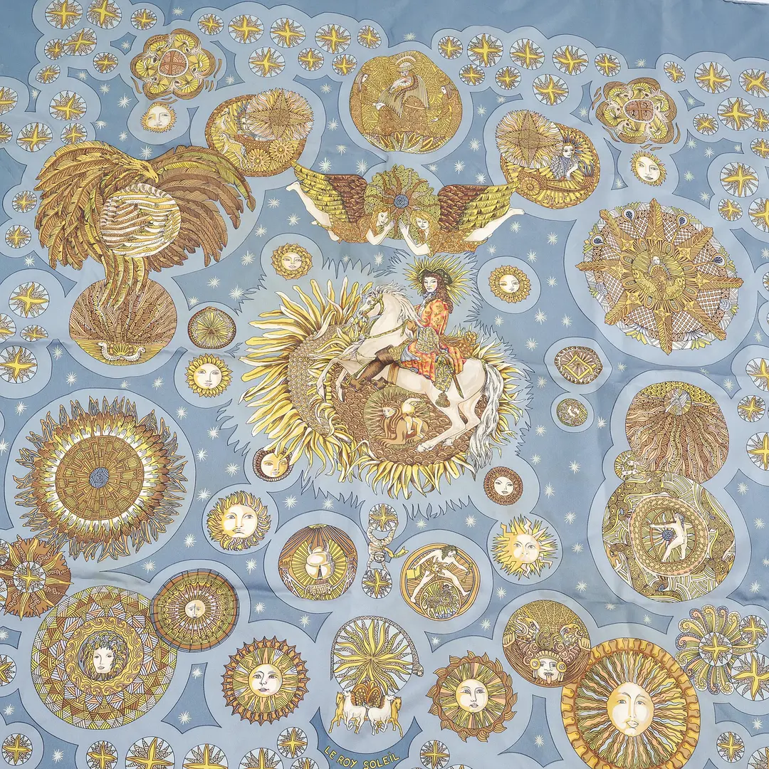 Hermes Le Roy Soleil Blue Silk Scarf