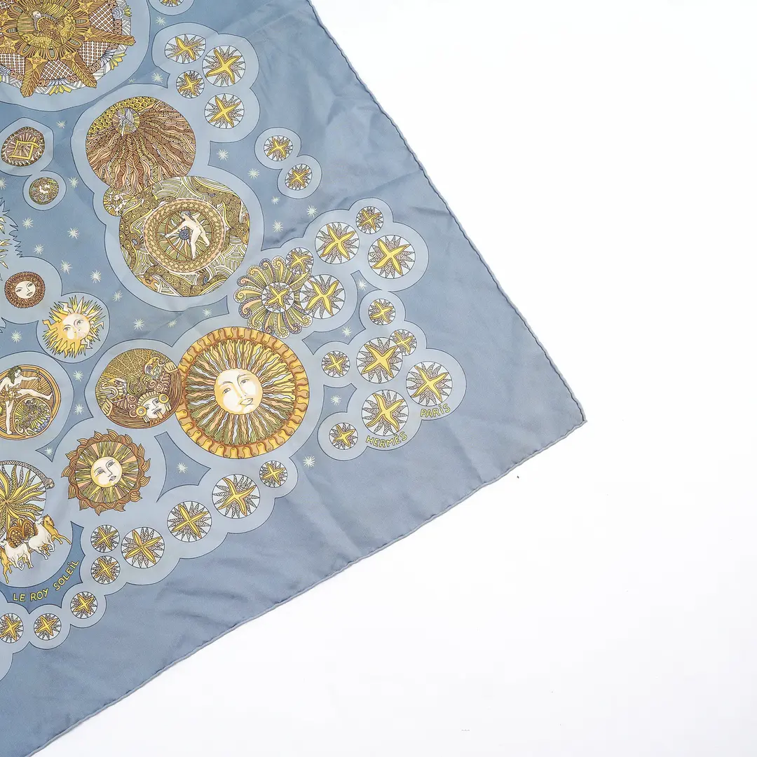 Hermes Le Roy Soleil Blue Silk Scarf