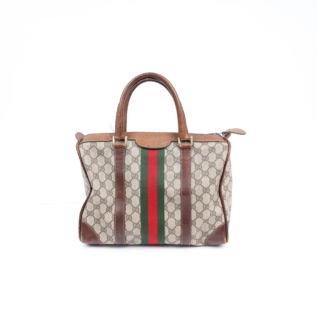 Gucci Vintage Web Boston Beige Canvas Bag