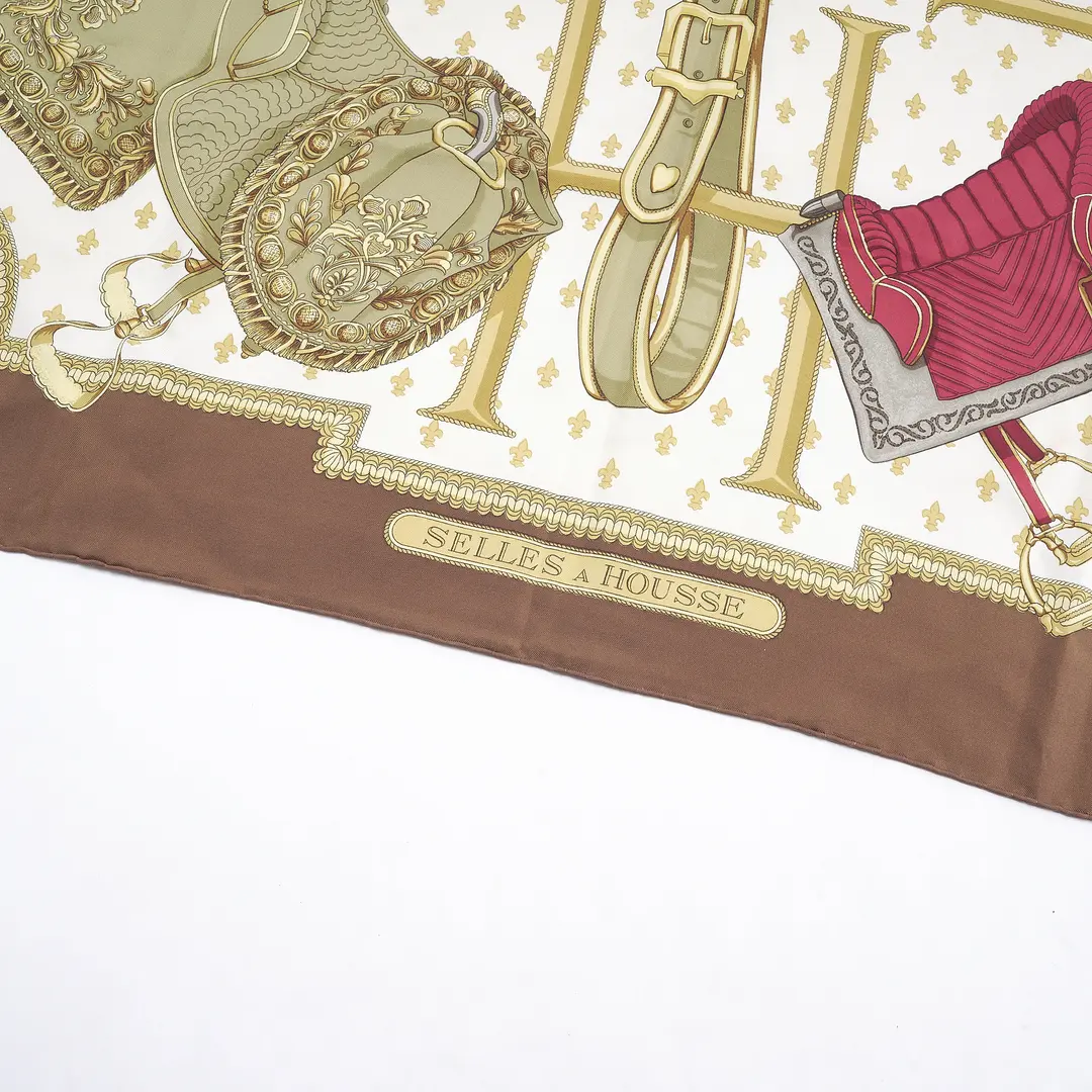 Hermes Selles a Housse Brown Silk Scarf
